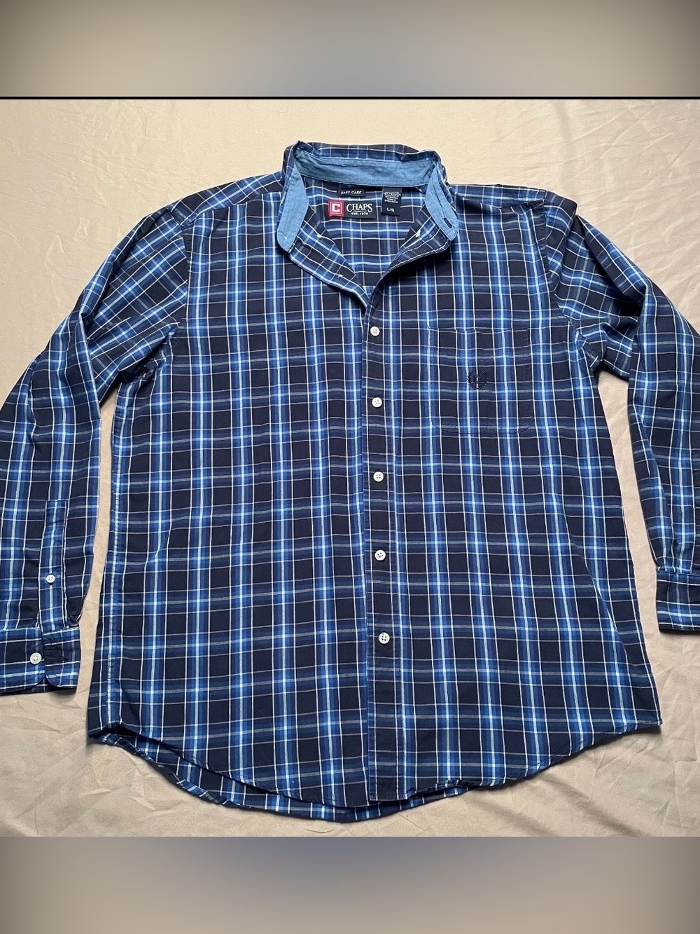 Chaps Easy Care Long Sleeve Dress Shirt Men's Large Blue Plaid Button-Down